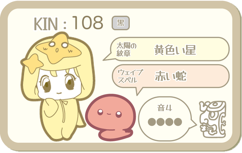 KIN108：太陽の紋章 黄色い星・ウェイブスペル 赤い蛇・音4