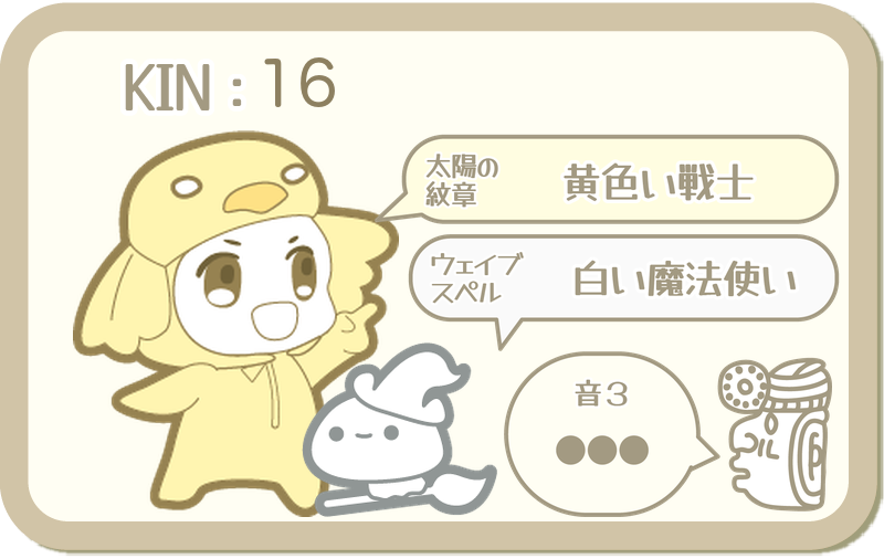 KIN16：太陽の紋章 黄色い戦士・ウェイブスペル 白い魔法使い・音3