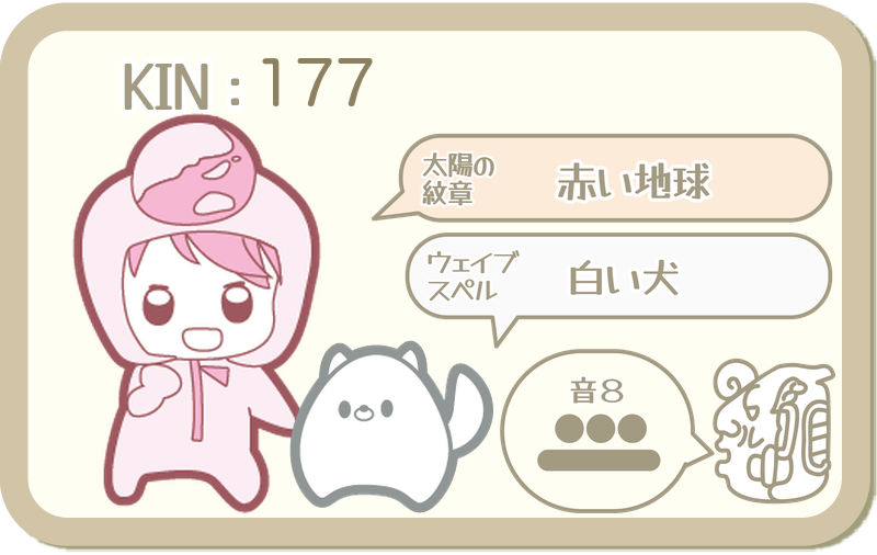 KIN177：太陽の紋章 赤い地球・ウェイブスペル 白い犬・音8