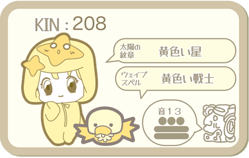 KIN208：太陽の紋章 黄色い星・ウェイブスペル 黄色い戦士・音13