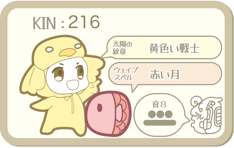 KIN216：太陽の紋章 黄色い戦士・ウェイブスペル 赤い月・音8