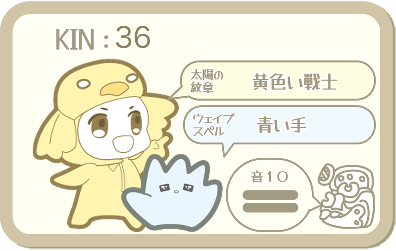 KIN36：太陽の紋章 黄色い戦士・ウェイブスペル 青い手・音10